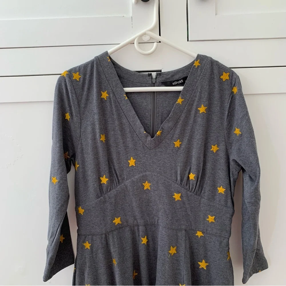 eShakti Gray Yellow Embroidered Stars V Neck Long Sleeve Midi Dress Size XL-16